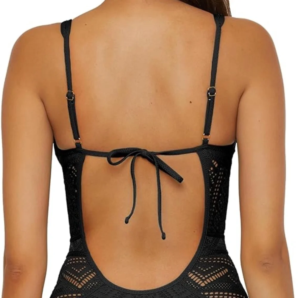 BECCA Color Play One Piece Swimsuit, Plunge Neck, Crochet, Bathing Suits black - Picture 3 of 10